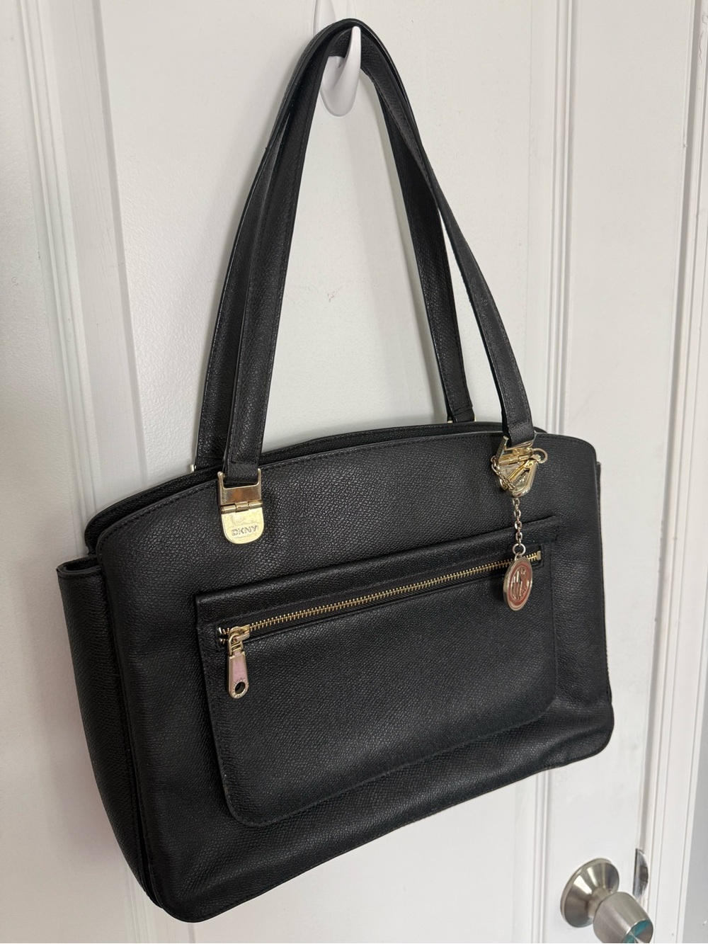DKNY Black Leather Shoulder Tote with Gold Accents